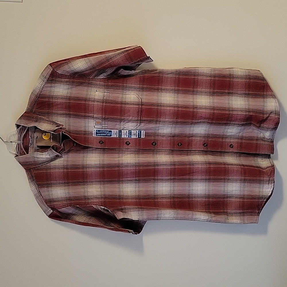 Carhartt Men's Relaxed Fit Short Sleeve Red Plaid Shirt- Size L Tall